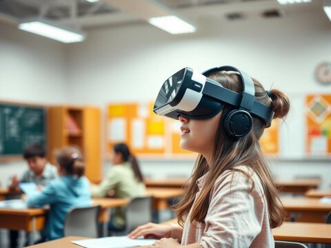 Futuristic school classroom with girl using augmented reality headset to teach virtual reality device, blending education and technology, device, classroom