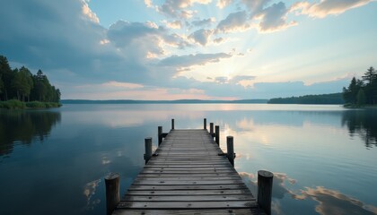 Obraz premium Wooden pier on calm lake at sunset