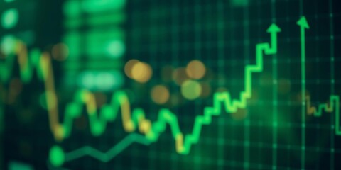 Green stock market chart background with blurry bokeh lights in the foreground, green, chart