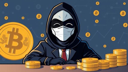 Hacker in anonymous mask with cryptocurrency background cartoon, security, bitcoin