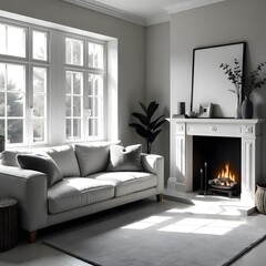 Fototapeta premium Minimalist, rustic interior design of modern living room. modern room interior with sofa and pillows with fireplace.