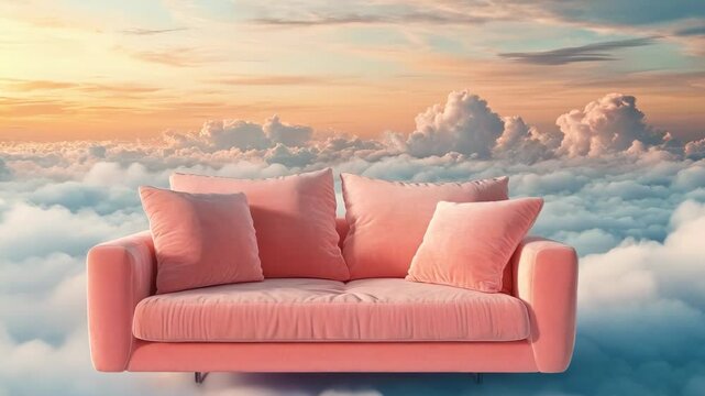 Beautiful pink sofa with cushions stands in a fantastic cozy place in the sky among the clouds. Paradise landscape. Concept of relaxation, pacification and rest. Furniture Interiors.