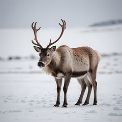 Obraz premium Majestic Reindeer in a Winter Wonderland: A Solitary Caribou Stands Proudly in a Snowy Landscape