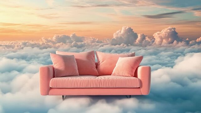 Beautiful pink sofa with cushions stands in a fantastic cozy place in the sky among the clouds. Paradise landscape. Concept of relaxation, pacification and rest. Furniture Interiors.