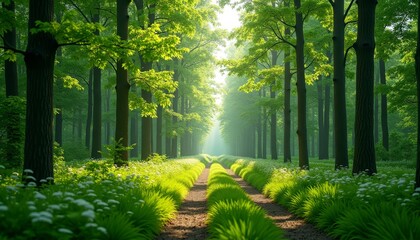 Fototapeta premium A serene woodland path with vibrant green foliage on either side