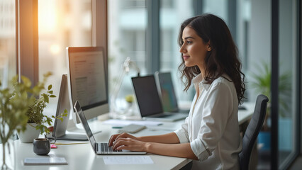 A professional woman in a white shirt works diligently on her laptop at a modern desk, with sunlight streaming through large windows.
