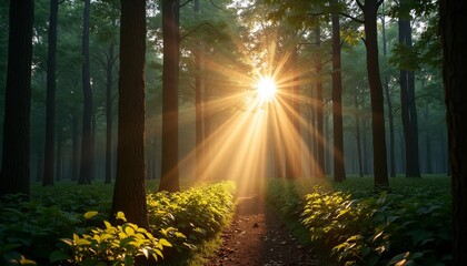 Obraz premium Sunbeams through trees in forest