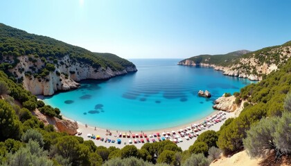 Lush coastline with turquoise waters and beach umbrellas