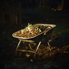 Gardening action wheelbarrow full of garden debris in nature outdoor scene wide angle view for eco-friendly gardening