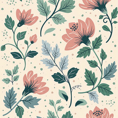 A seamless floral pattern featuring stylized pink flowers and green leaves on a soft beige background, perfect for fabric or design.
