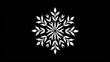 A white stylized snowflake design on a black background.