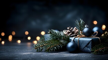 Dark blue Christmas gift with ornaments, pine cone, and fir branches on a dark background with bokeh lights.