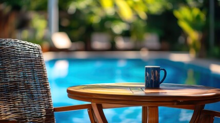 A serene poolside scene with a coffee mug on a wooden table.