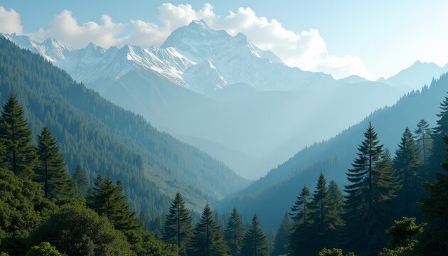Majestic snow-capped mountain peaks above a lush forest valley with a cloudy blue sky