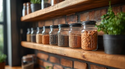 Glass Jars of Spices on Rustic Shelves