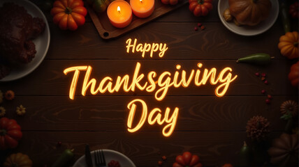 Happy Thanksgiving Day glowing gold text on a dark wooden table with autumn decorations