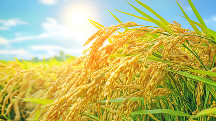Golden Rice Ears Full Grain Blue Sky White Clouds Farmer Harvest Joy