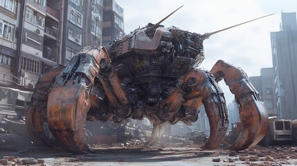 Massive Mechanical Creature Amid Crumbling Cityscape