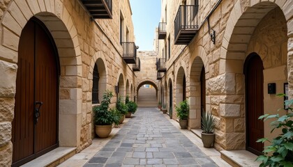 Obraz premium Narrow cobblestone alleyway in stone cityscape with arched doorways and potted plants lining the