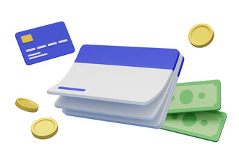 bankbook with credit card and money 3D graphic