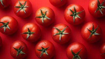Juicy red tomatoes, isolated on a bright red background, top view with clean lines and natural light.