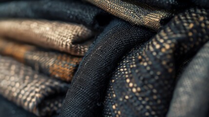 A close up of a stack of dark blue fabric.