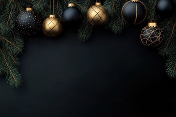 New Year’s Eve composition in dark tones. On a black background, the branches of the tree are elegantly arranged, decorated with matte black balls with golden elements.