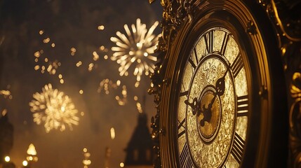 Obraz premium Vibrant new year 2025 celebration scene featuring a clock face striking midnight with colorful fireworks illuminating the night sky, perfect for festive holiday backgrounds and new year’s eve party th