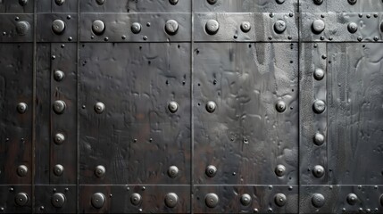 A metal door with a textured surface and large round rivets.