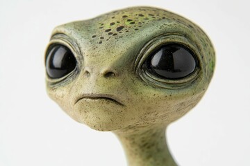 Close-up of sculpted alien figurine, large eyes.