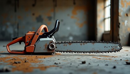 Naklejka premium An old chainsaw resting on the ground