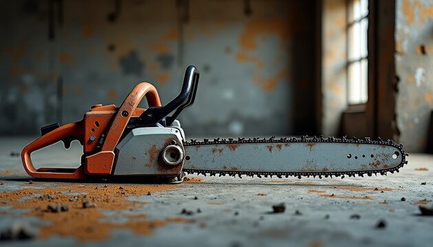 An old chainsaw resting on the ground
