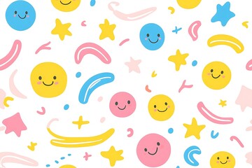 Playful pattern of multicolored smiley faces, perfect for cheerful creative projects.