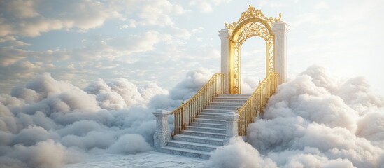 Majestic Golden Stairway Leading to Ornate Gate Amidst Ethereal Clouds in a Dreamlike Sky Setting