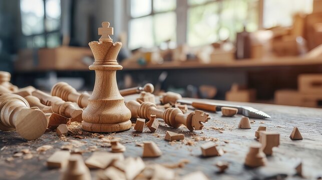 Wooden chess pieces being handcarved on a rustic workbench, with tools scattered in creative disarray