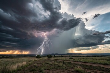 Obraz premium A dramatic stormy sky with lightning illuminating the clouds creating an otherworldly atmosphere, dark sky, lightning storm