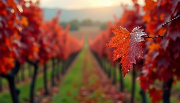 A single red maple leaf on a tree branchRed maple leaves along vineyard rowsSunset colors in the background of