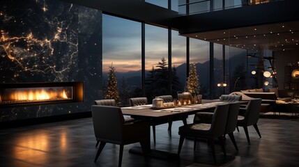 A minimalist dining area with an LED constellation map ceiling and a table that aligns with the stars for astrological