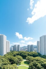 Obraz premium Expansive Urban Park Amidst High-Rise Buildings Under Clear Sky