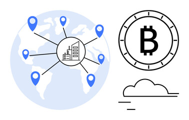 World map with location markers connected to an industrial building, large Bitcoin symbol, and cloud icon. Ideal for cryptocurrency, global trade, blockchain, fintech, digital economy, decentralized