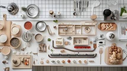 Organized Kitchen Workspace with Cooking Tools and Ingredients Display