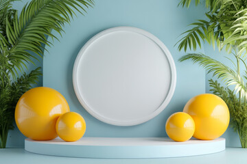 Bright and modern display with yellow spheres and green plants