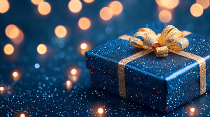 A beautifully wrapped blue gift box with a golden ribbon sits against a backdrop of soft, glowing lights, creating a festive and magical atmosphere.
