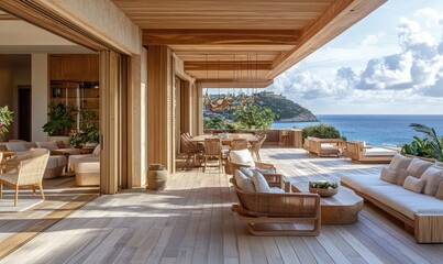outdoor wooden terrace with light-colored wood flooring, featuring sliding doors and windows leading to the balcony area.
