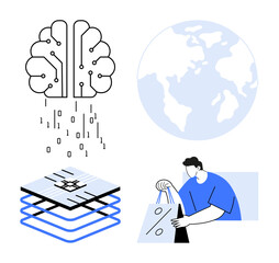 Brain with circuits, processing data, layered tech stack, globe, person with shopping bags. Ideal for AI, tech innovation, global communication, e-commerce digital transformation machine learning