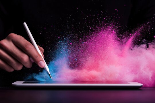 Designer drawing colorful powder explosion with stylus pen on tablet - Powered by Adobe