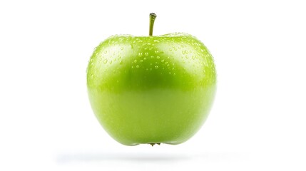 Fresh green apple with water droplets isolated on white background.