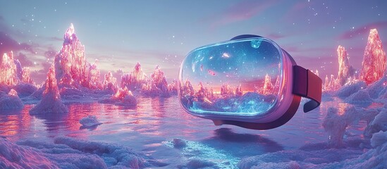 Obraz premium A futuristic VR headset floating above a surreal, colorful landscape with icy formations.