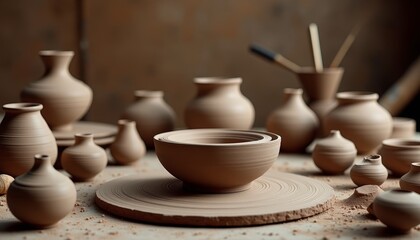 Pottery workshop with clay vases drying on a table