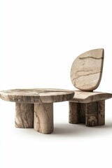 Stone table and chair, abstract forms, earthy tones.